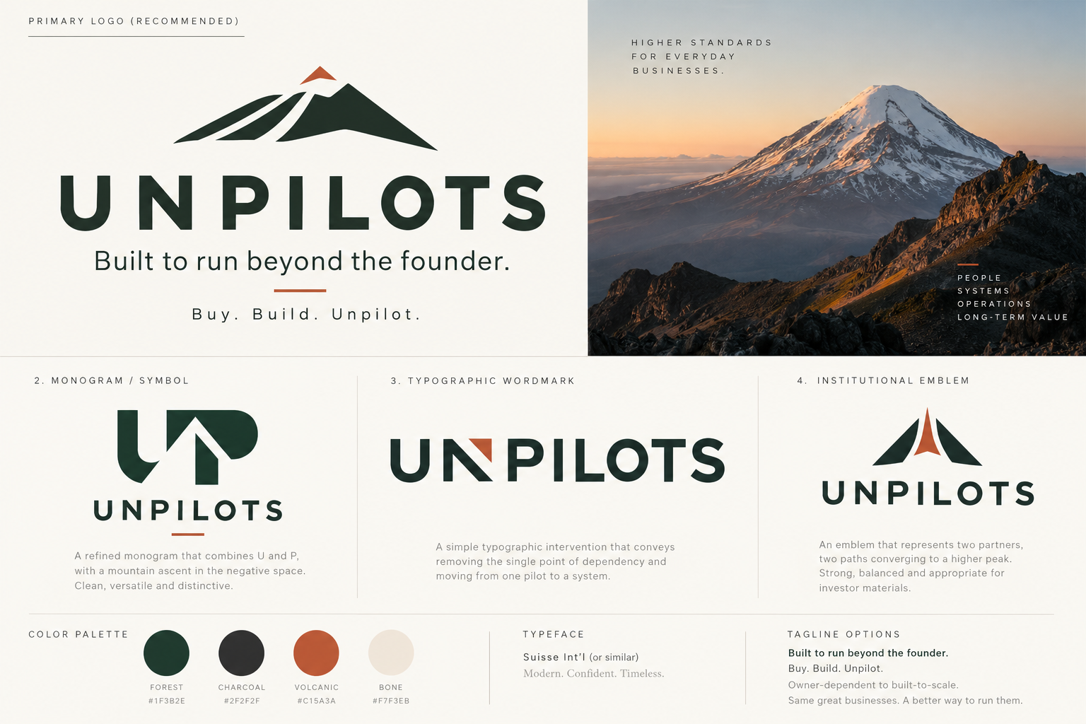 Unpilots mountain imagery: a snow-capped summit at sunrise, with the words Higher standards for everyday businesses